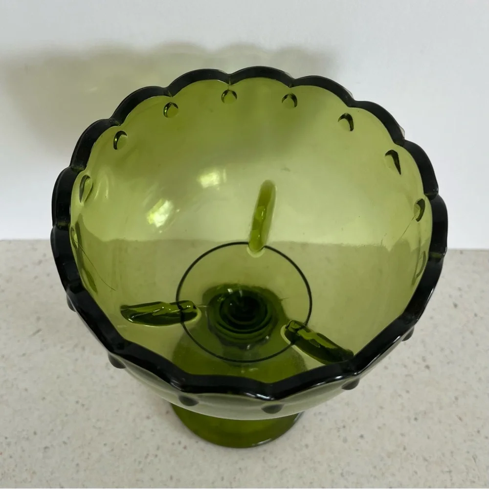 Vintage Pedestal Olive Green Indiana Glass Compote Candy Dish Bowl 7.5” X 5.5”